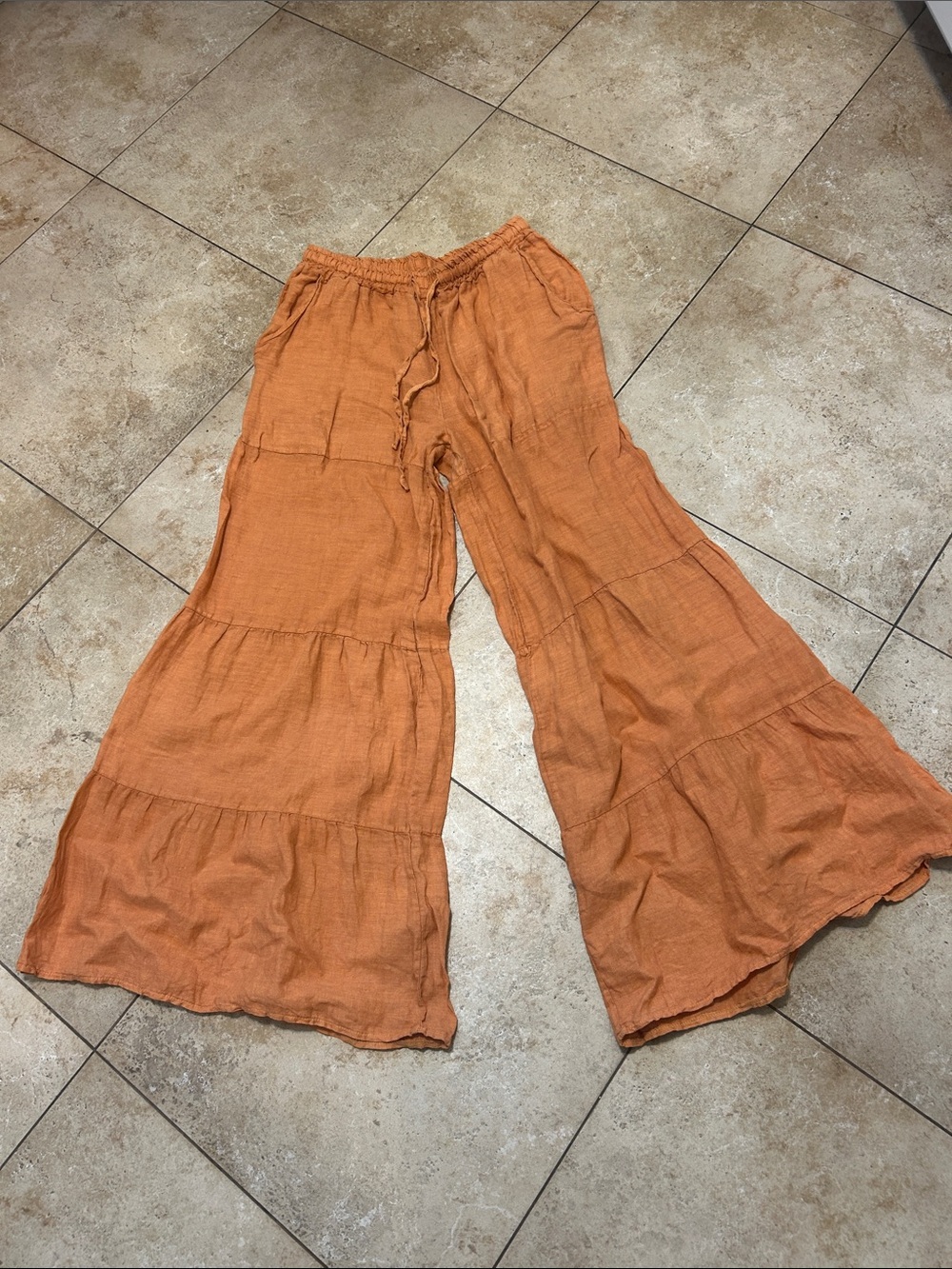 PURO LINO Wide-Leg Tiered 100%  Linen Pants - Orange
